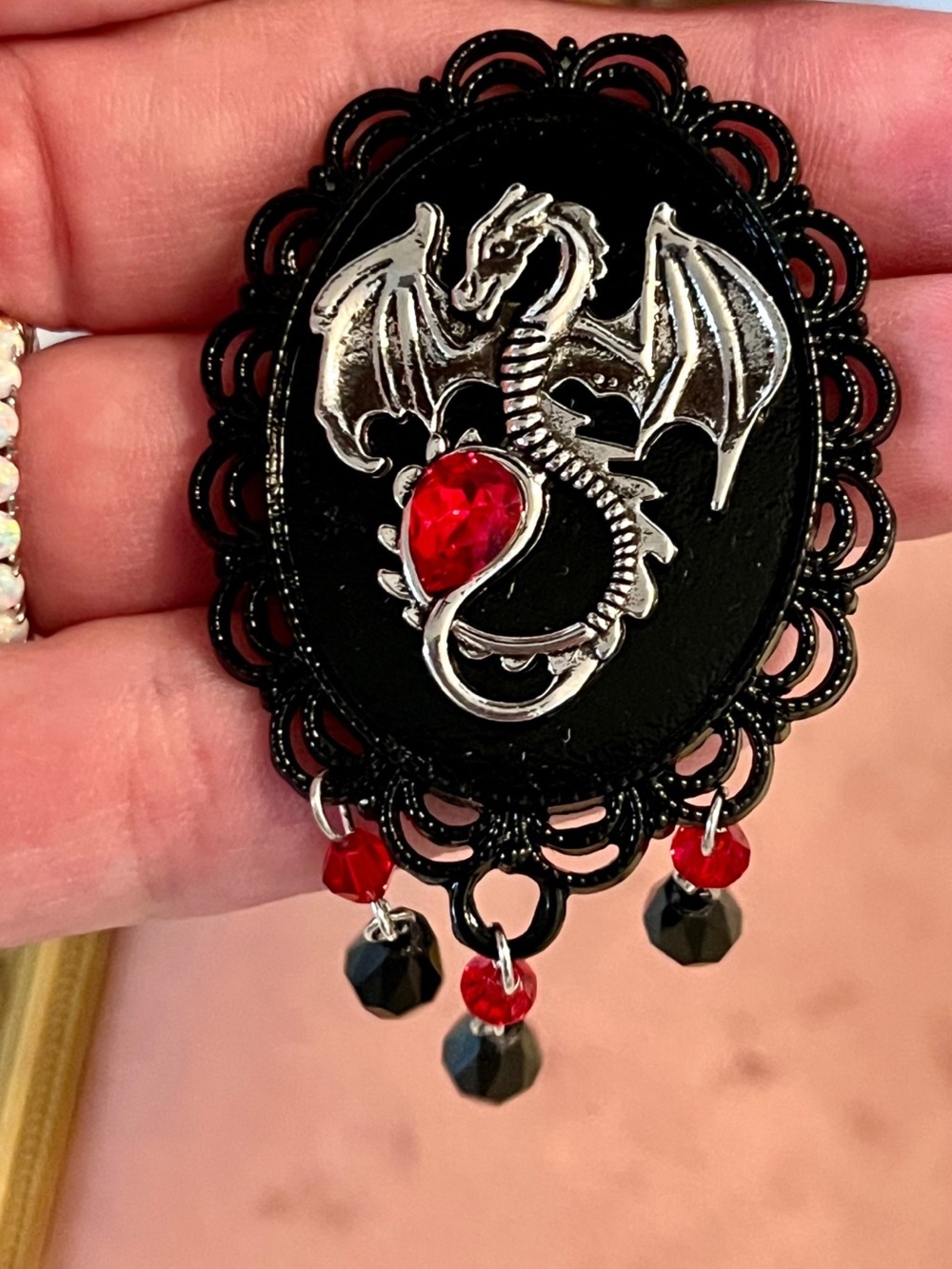 Gothic Dragon Cameo Brooch – Red & Black Crystal Dangles NWOT